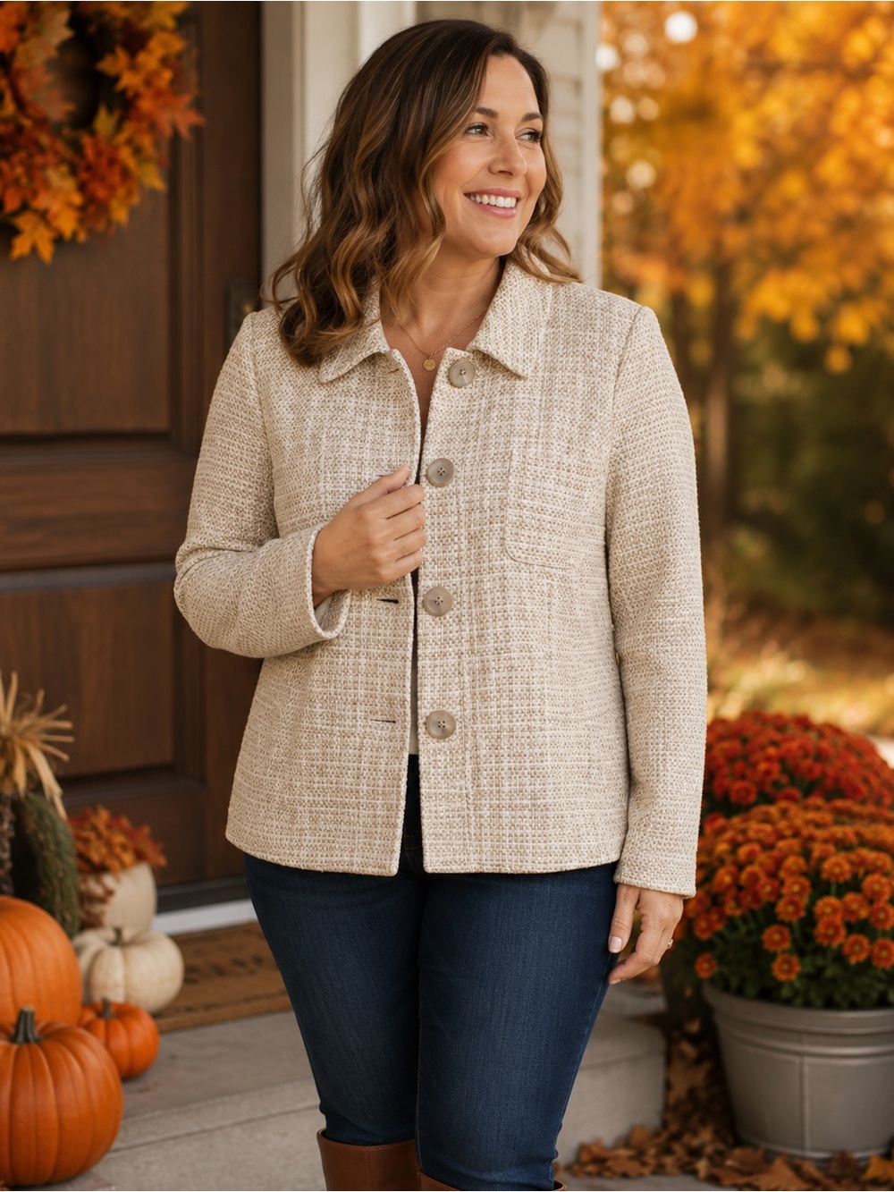 Tahari Petite Womens Cream Textured Wool‎ Blend Blazer Jacket Size 4P Workwear